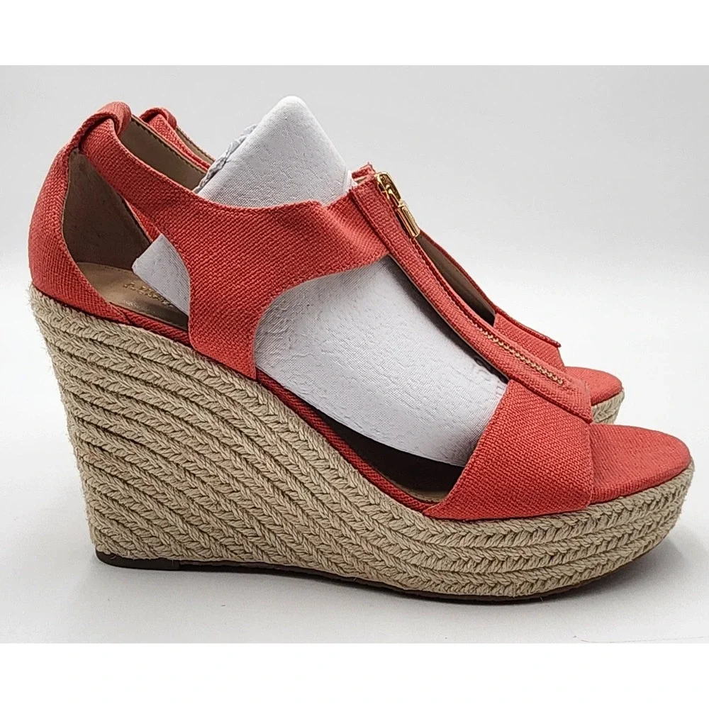 Michael Kors Damita Wedge Sandals Womens 9M Coral Orange Espadrille Zip NEW EXC